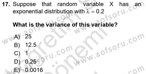 Statistics 1 Dersi 2023 - 2024 Yılı (Final) Dönem Sonu Sınav Soruları 17. Soru
