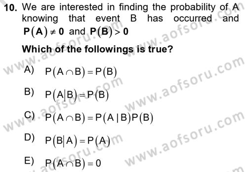 Statistics 1 Dersi 2024 - 2025 Yılı (Final) Dönem Sonu Sınav Soruları 10. Soru