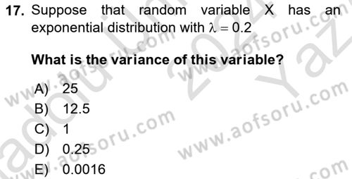 Statistics 1 Dersi 2024 - 2025 Yılı Yaz Okulu Sınav Soruları 17. Soru