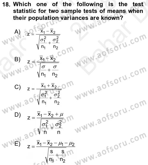Statistics 2 Dersi 2018 - 2019 Yılı (Vize) Ara Sınav Soruları 18. Soru