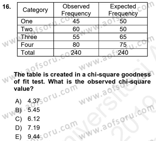 Statistics 2 Dersi 2018 - 2019 Yılı (Final) Dönem Sonu Sınav Soruları 16. Soru