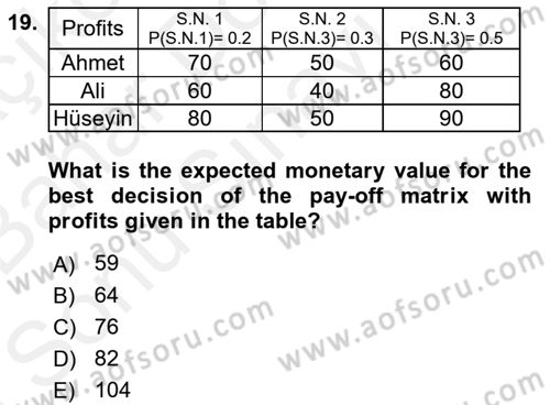 Statistics 2 Dersi 2018 - 2019 Yılı (Final) Dönem Sonu Sınav Soruları 19. Soru