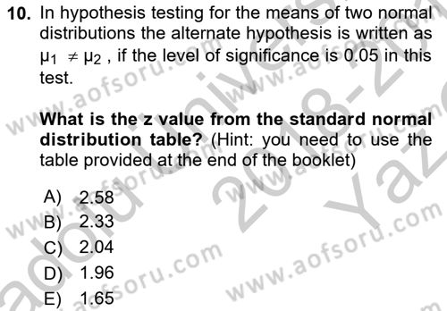 Statistics 2 Dersi 2018 - 2019 Yılı Yaz Okulu Sınav Soruları 10. Soru