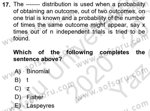 Statistics 2 Dersi 2020 - 2021 Yılı Yaz Okulu Sınav Soruları 17. Soru