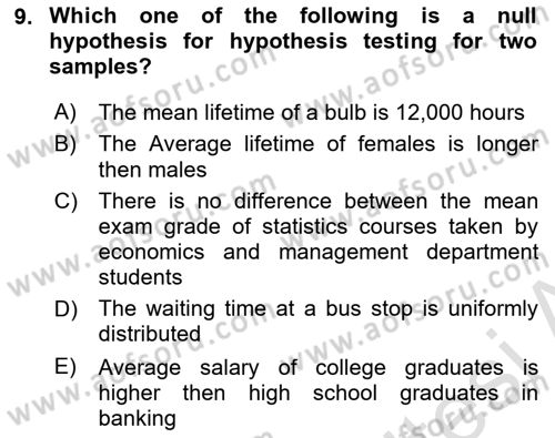 Statistics 2 Dersi 2022 - 2023 Yılı Yaz Okulu Sınav Soruları 9. Soru