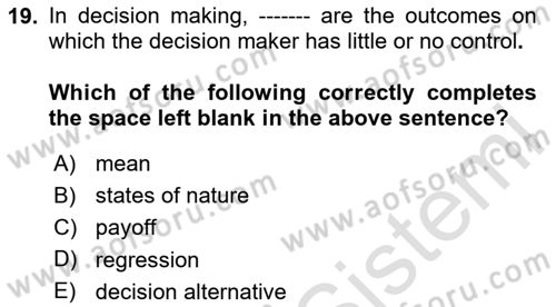 Statistics 2 Dersi 2023 - 2024 Yılı Yaz Okulu Sınav Soruları 19. Soru