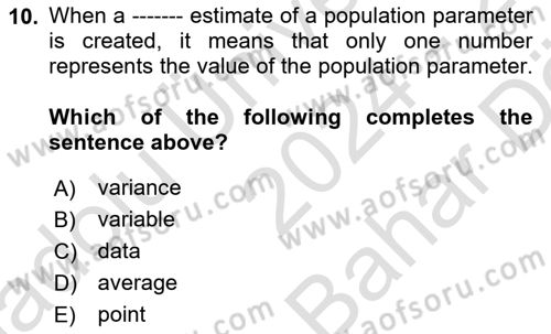 Statistics 2 Dersi 2024 - 2025 Yılı (Vize) Ara Sınav Soruları 10. Soru