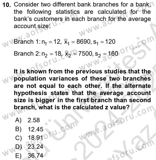 Statistics 2 Dersi 2024 - 2025 Yılı Yaz Okulu Sınav Soruları 10. Soru