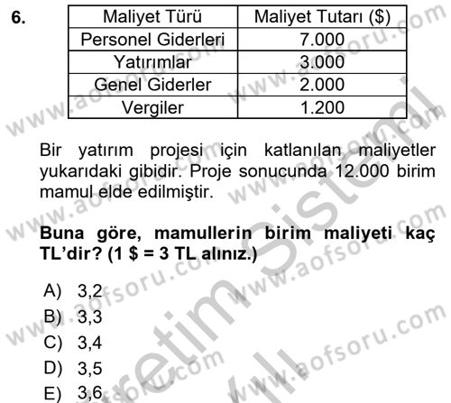 Proje Analizi ve Değerlendirme Dersi 2016 - 2017 Yılı 3 Ders Sınav Soruları 6. Soru