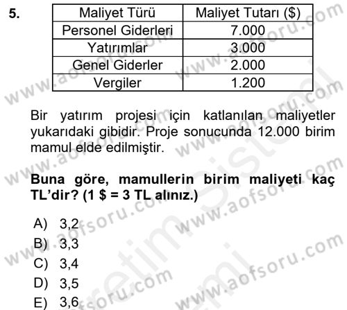 Proje Analizi ve Değerlendirme Dersi 2016 - 2017 Yılı (Final) Dönem Sonu Sınav Soruları 5. Soru