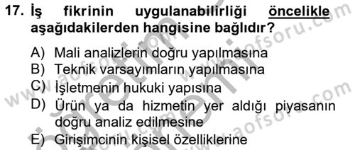 İş Planı Dersi 2014 - 2015 Yılı (Final) Dönem Sonu Sınav Soruları 17. Soru