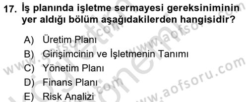İş Planı Dersi 2016 - 2017 Yılı (Final) Dönem Sonu Sınav Soruları 17. Soru