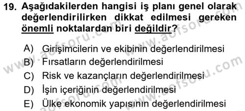 İş Planı Dersi 2016 - 2017 Yılı (Final) Dönem Sonu Sınav Soruları 19. Soru