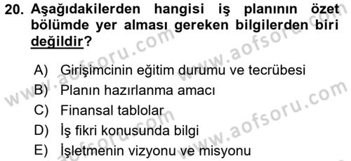 İş Planı Dersi 2016 - 2017 Yılı (Final) Dönem Sonu Sınav Soruları 20. Soru