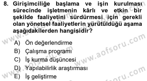 İş Planı Dersi 2017 - 2018 Yılı (Vize) Ara Sınav Soruları 8. Soru