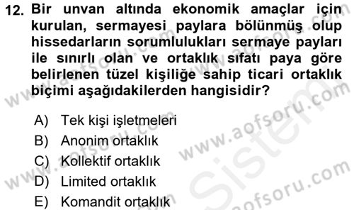 İş Planı Dersi 2017 - 2018 Yılı (Final) Dönem Sonu Sınav Soruları 12. Soru