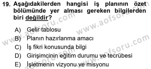 İş Planı Dersi 2017 - 2018 Yılı (Final) Dönem Sonu Sınav Soruları 19. Soru