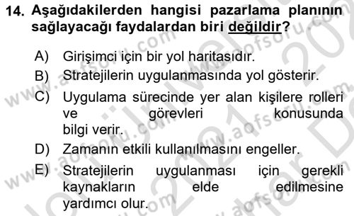İş Planı Dersi 2021 - 2022 Yılı (Vize) Ara Sınav Soruları 14. Soru