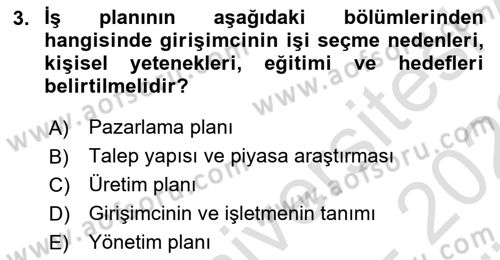 İş Planı Dersi Ara Sınavı Deneme Sınav Soruları 3. Soru
