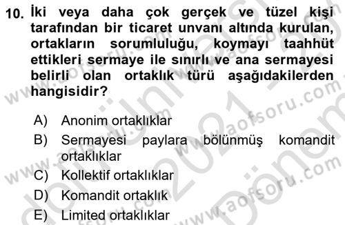 İş Planı Dersi 2021 - 2022 Yılı (Final) Dönem Sonu Sınav Soruları 10. Soru