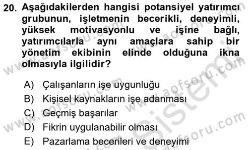 İş Planı Dersi 2021 - 2022 Yılı (Final) Dönem Sonu Sınavı 20. Soru
