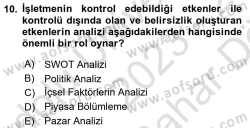 İş Planı Dersi 2023 - 2024 Yılı (Vize) Ara Sınav Soruları 10. Soru