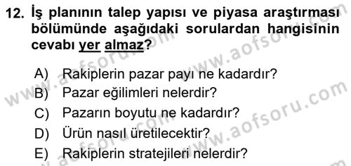 İş Planı Dersi 2023 - 2024 Yılı (Final) Dönem Sonu Sınav Soruları 12. Soru