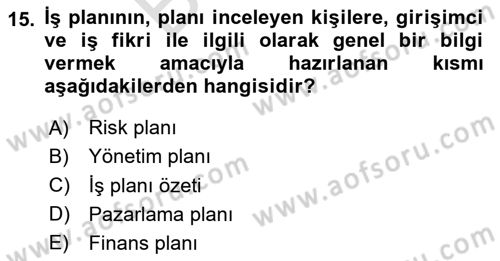 İş Planı Dersi 2023 - 2024 Yılı (Final) Dönem Sonu Sınav Soruları 15. Soru