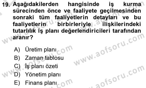 İş Planı Dersi 2024 - 2025 Yılı (Final) Dönem Sonu Sınav Soruları 19. Soru