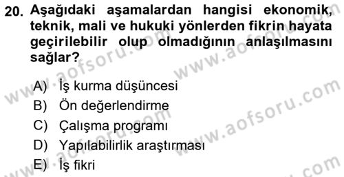 İş Planı Dersi 2024 - 2025 Yılı (Final) Dönem Sonu Sınav Soruları 20. Soru