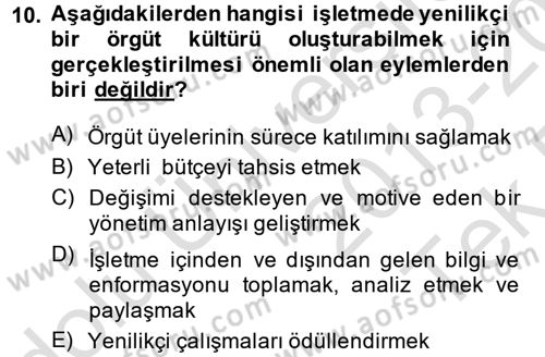 Yenilik Yönetimi Dersi 2013 - 2014 Yılı Tek Ders Sınav Soruları 10. Soru