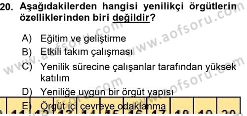 Yenilik Yönetimi Dersi Ara Sınavı Deneme Sınav Soruları 20. Soru