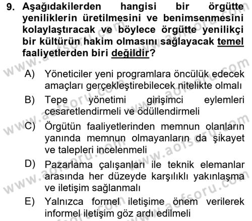 Yenilik Yönetimi Dersi 2015 - 2016 Yılı Tek Ders Sınav Soruları 9. Soru