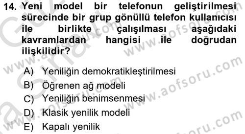 Yenilik Yönetimi Dersi Ara Sınavı Deneme Sınav Soruları 14. Soru