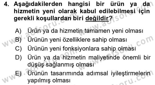 Yenilik Yönetimi Dersi Ara Sınavı Deneme Sınav Soruları 4. Soru