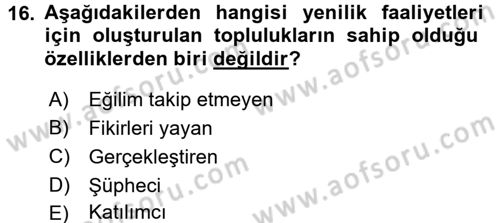 Yenilik Yönetimi Dersi 2017 - 2018 Yılı 3 Ders Sınav Soruları 16. Soru