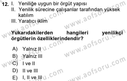 Yenilik Yönetimi Dersi 2018 - 2019 Yılı 3 Ders Sınav Soruları 12. Soru