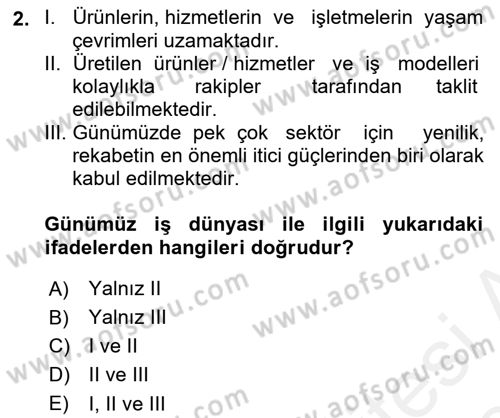Yenilik Yönetimi Dersi Ara Sınavı Deneme Sınav Soruları 2. Soru