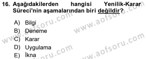 Yenilik Yönetimi Dersi Ara Sınavı Deneme Sınav Soruları 16. Soru