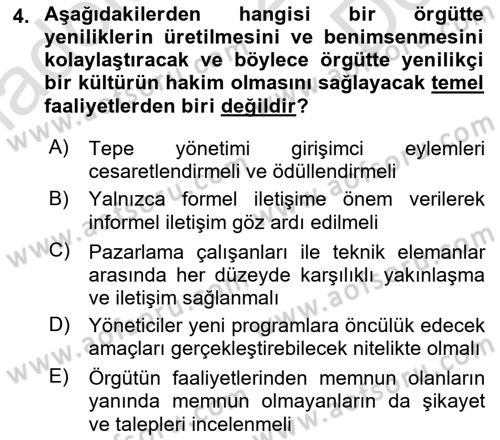 Yenilik Yönetimi Dersi 2019 - 2020 Yılı (Final) Dönem Sonu Sınav Soruları 4. Soru