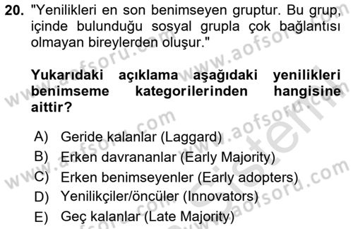 Yenilik Yönetimi Dersi 2020 - 2021 Yılı Yaz Okulu Sınav Soruları 20. Soru