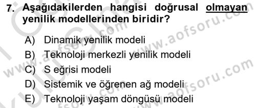 Yenilik Yönetimi Dersi 2020 - 2021 Yılı Yaz Okulu Sınav Soruları 7. Soru