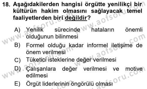Yenilik Yönetimi Dersi Ara Sınavı Deneme Sınav Soruları 18. Soru
