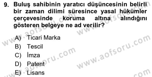 Yenilik Yönetimi Dersi 2021 - 2022 Yılı (Final) Dönem Sonu Sınav Soruları 9. Soru