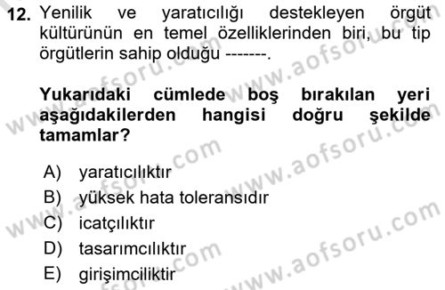 Yenilik Yönetimi Dersi 2021 - 2022 Yılı Yaz Okulu Sınav Soruları 12. Soru