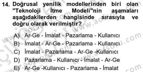 Yenilik Yönetimi Dersi Ara Sınavı Deneme Sınav Soruları 14. Soru