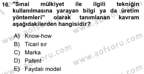 Yenilik Yönetimi Dersi 2022 - 2023 Yılı (Final) Dönem Sonu Sınav Soruları 16. Soru