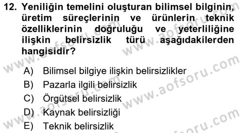 Yenilik Yönetimi Dersi Ara Sınavı Deneme Sınav Soruları 12. Soru