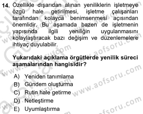 Yenilik Yönetimi Dersi Ara Sınavı Deneme Sınav Soruları 14. Soru