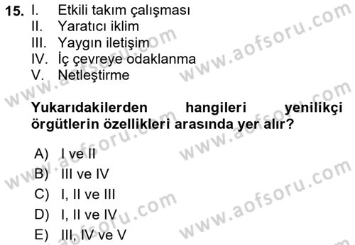 Yenilik Yönetimi Dersi Ara Sınavı Deneme Sınav Soruları 15. Soru